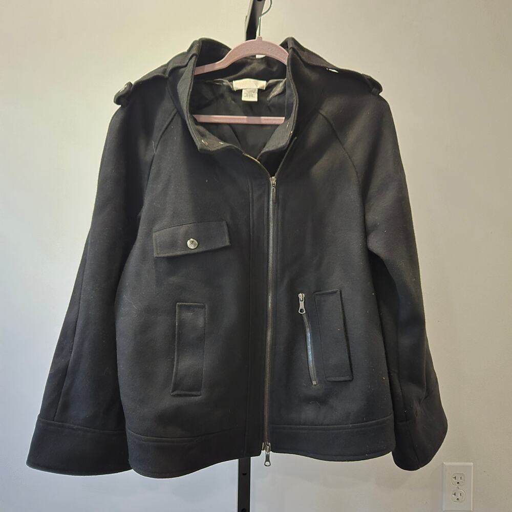 Soft Surroundings Black Wool Blend Military Moto Jacket Full Zip Funnel Neck L